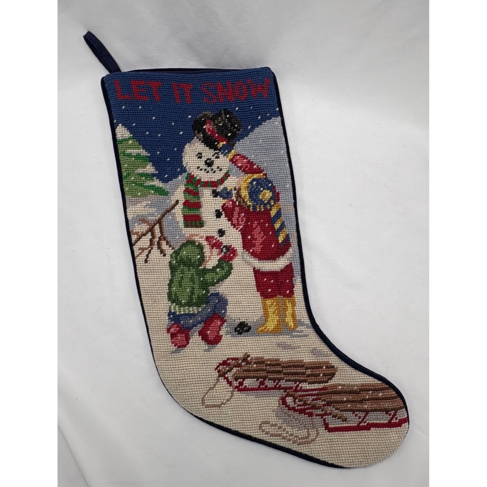 Vintage Needlepoint Tapestry Christmas Stocking Holiday Snowman‎ Let It Snow